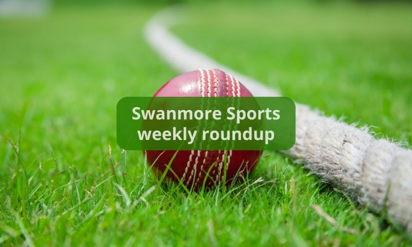 Image shows a cricket ball resting in the grass just outside the boundary rope with the words Swanmore Sports weekly roundup